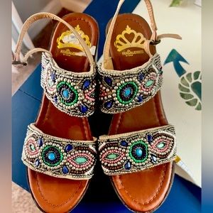 Beaded Fergalicious platform sandals, size 7.